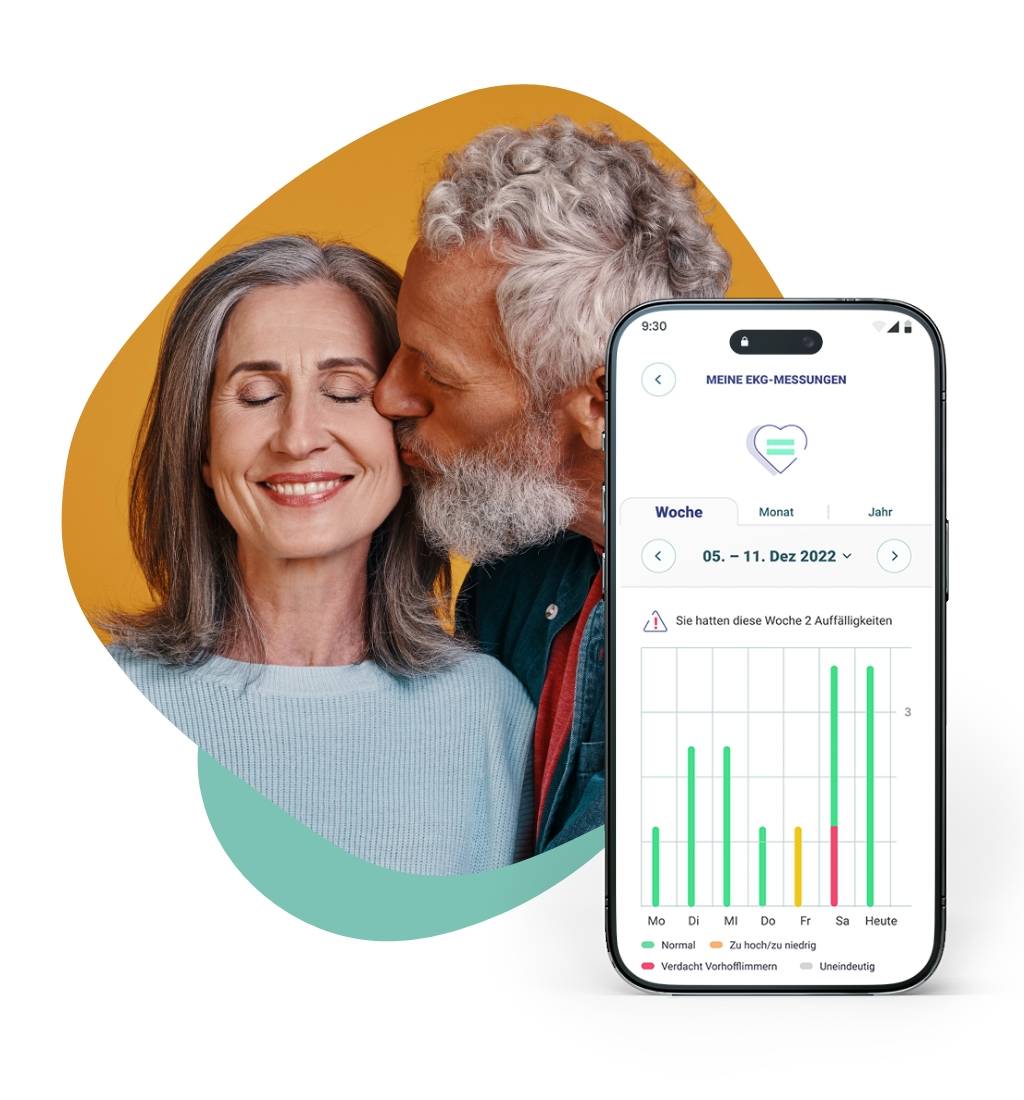 Eine ältere Dame mit grauen Haaren wird von einem älteren Mann, ebenfalls mit grauen Haaren, liebevoll auf die Wange geküsst. Im Vordergrund ist ein Smartphone zu sehen, auf welchem der Screen für die Übersicht über die bereits vorgenommenen EKG-Messungen in der EKG-seat-App zu sehen ist.