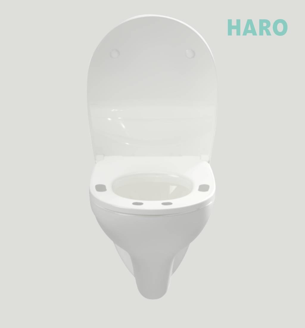 Foto des auf einem WC montierten EKG-seat. In der oberen rechten Ecke des Bildes ist das Markenlogo der Marke HARO zu sehen.