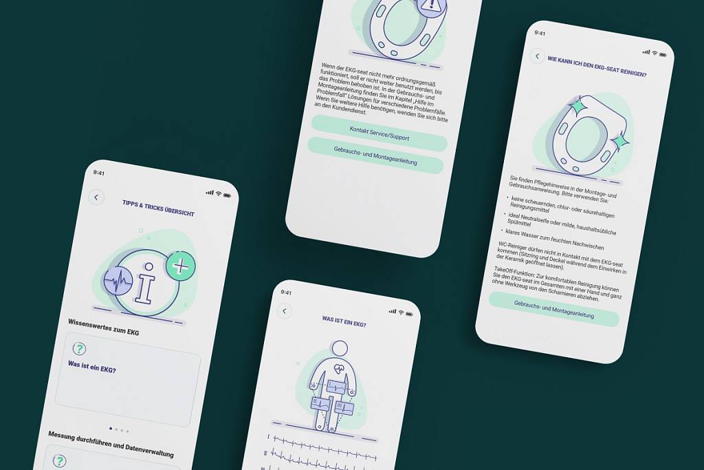 Smartphone Screens aus der EGK-seat-App mit Hilfestellungen