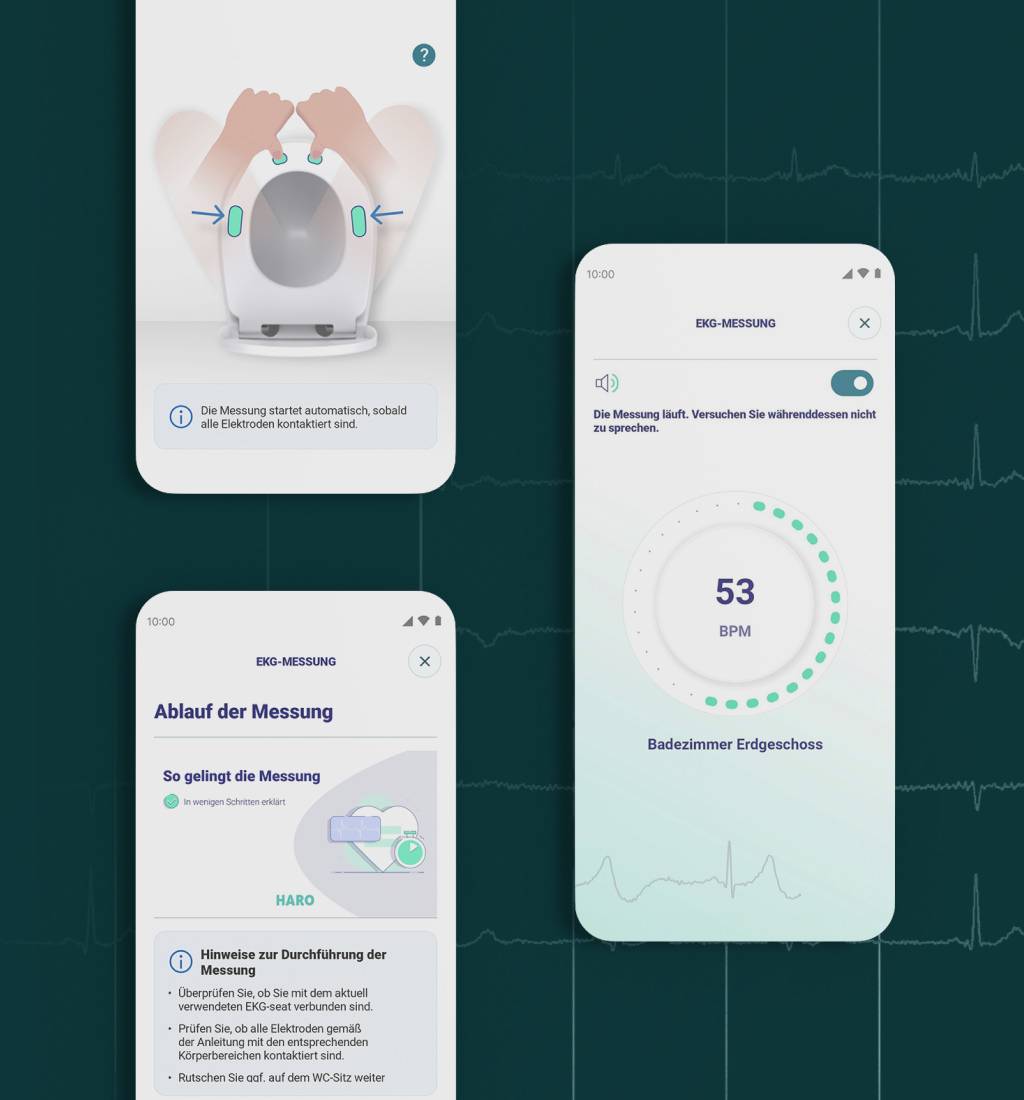 Drei Smartphone-Bildschirme mit Benutzeroberfläche für eine EKG-Messung über den EKG-seat.