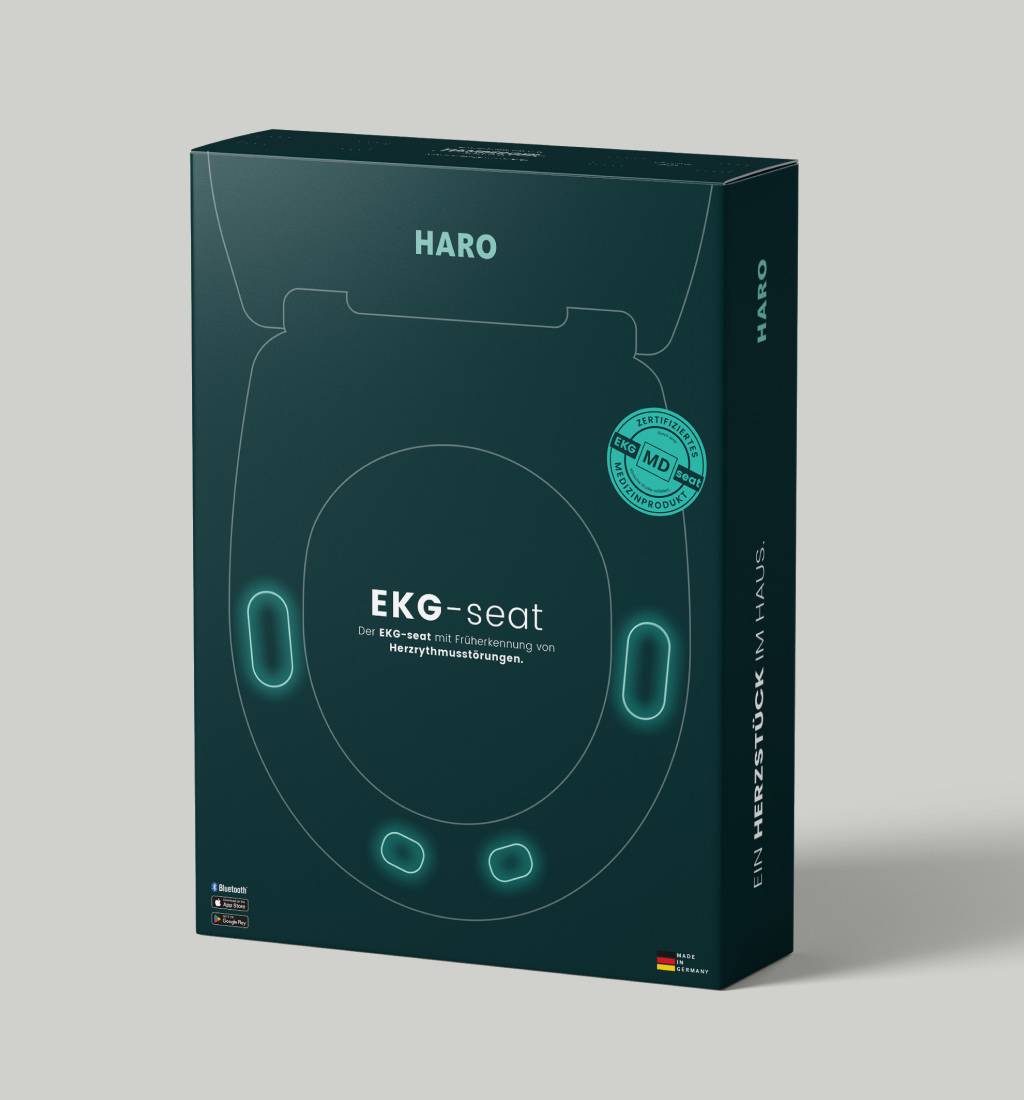 Verpackung des „EKG-seat“, einem medizinischen Toilettensitz mit EKG-Funktion.