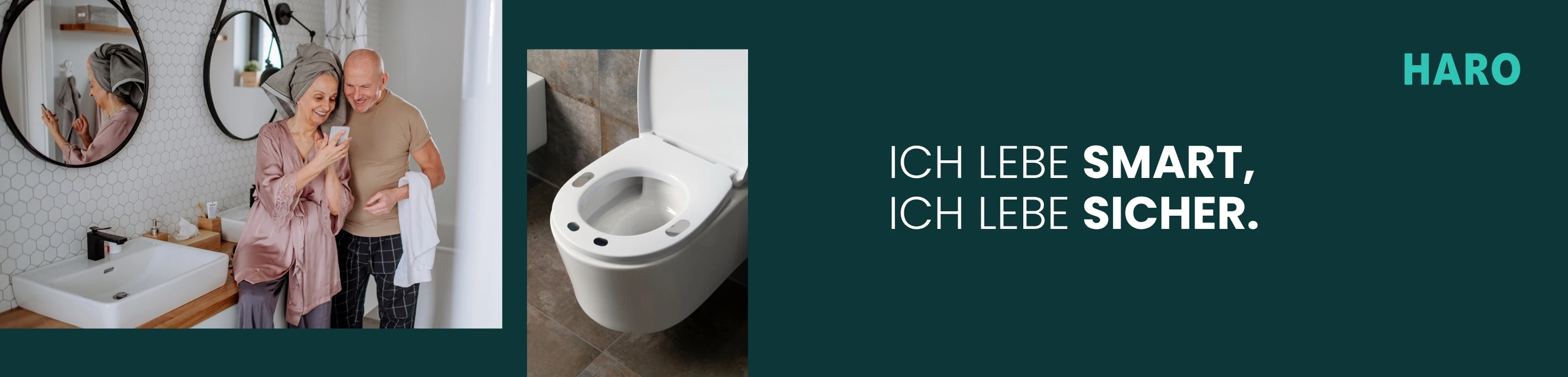 Ein älteres Paar steht lachend im Badezimmer und schaut auf ein Smartphone, daneben ein moderner Toilettensitz mit Sensoren und der Text „Ich lebe smart, ich lebe sicher.“
