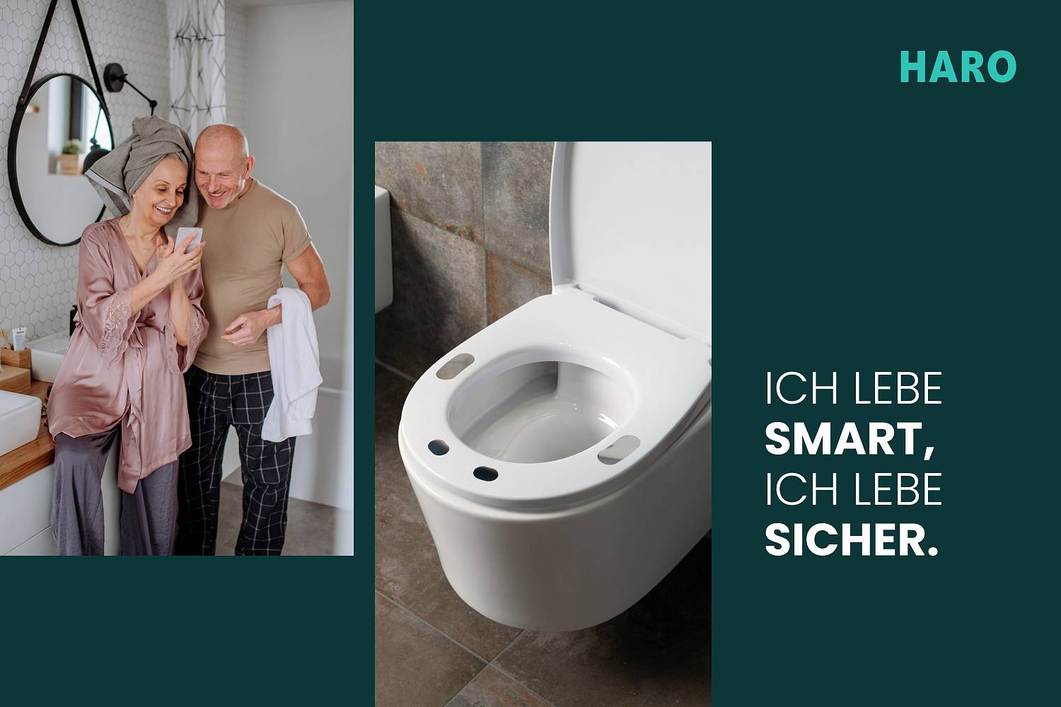 Ein älteres Paar steht lachend im Badezimmer und schaut auf ein Smartphone, daneben ein moderner Toilettensitz mit Sensoren und der Text „Ich lebe smart, ich lebe sicher.“