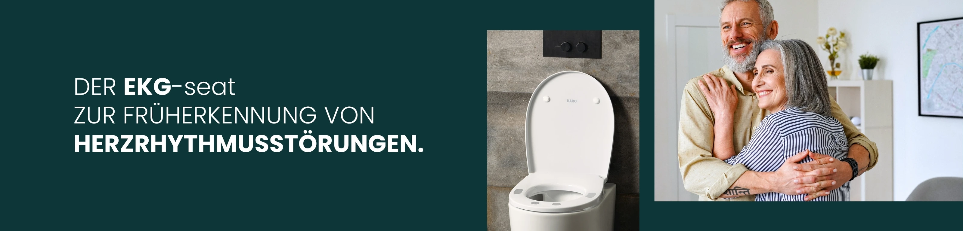Der HARO EKG-seat wird mit einem glücklichen Paar und dem Text „Der EKG-seat mit Früherkennung von Herzrhythmusstörungen“ beworben.