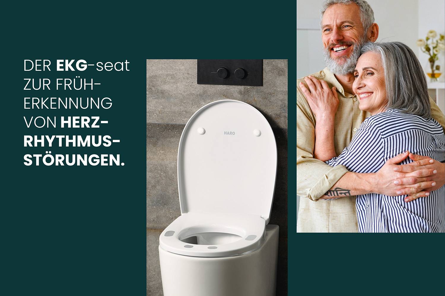 Der HARO EKG-seat wird mit einem glücklichen Paar und dem Text „Der EKG-seat mit Früherkennung von Herzrhythmusstörungen“ beworben.